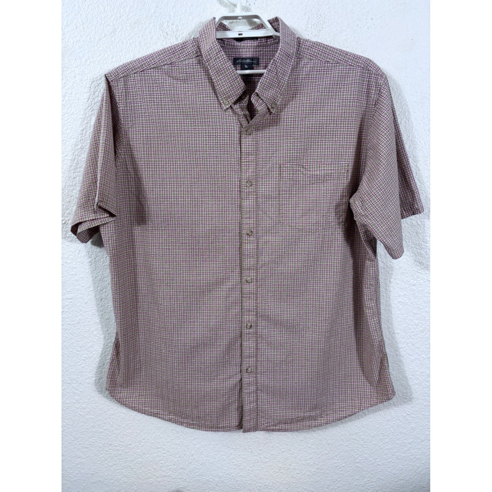Eddie Bauer Shirt Mens 2XL Tan Red Seersucker Plaid Short Sleeve Button